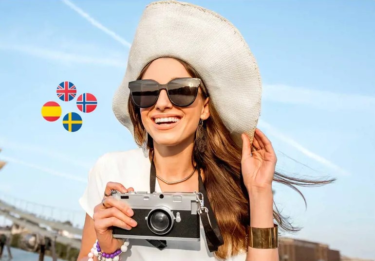 Woman with camera on holiday surrounded by currency icons