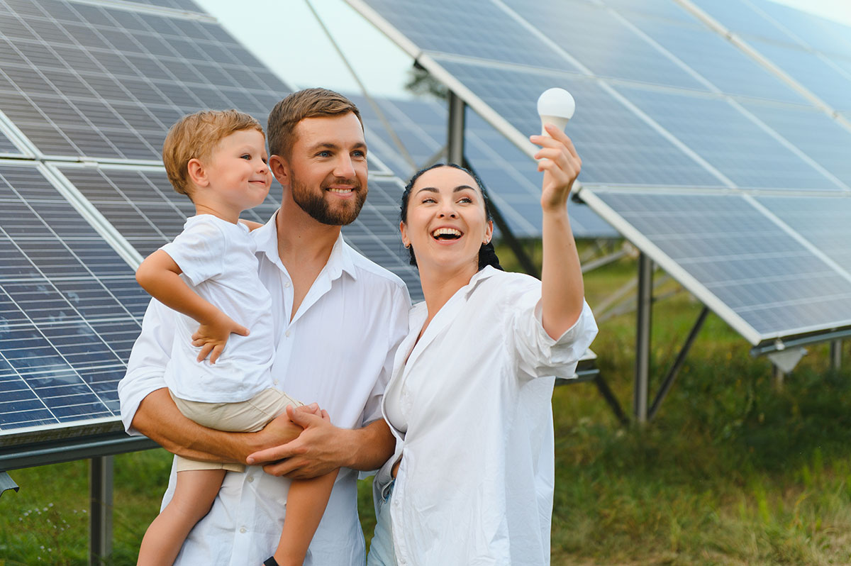 Happy family in front of solar panels
