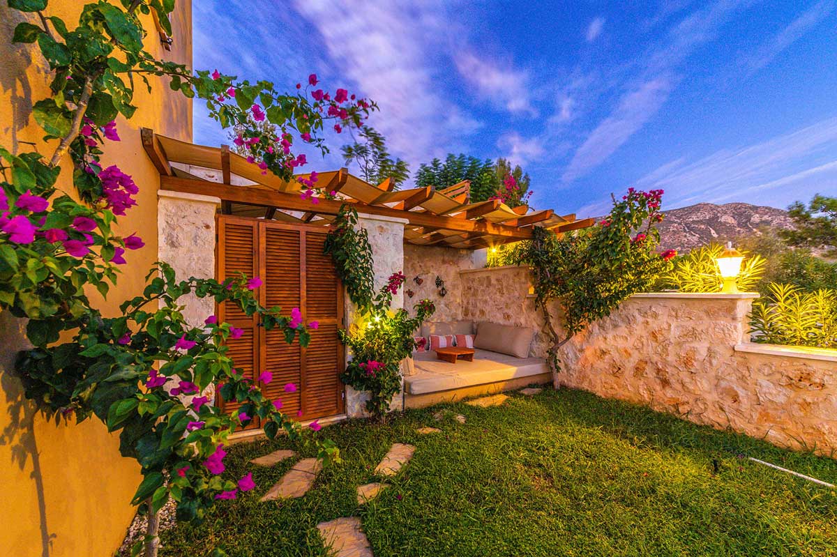 Green Spanish garden in the sunset